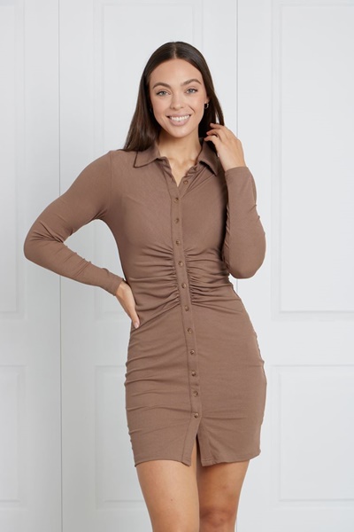 BUTTON FRONT RUCHED SHORT DRESS