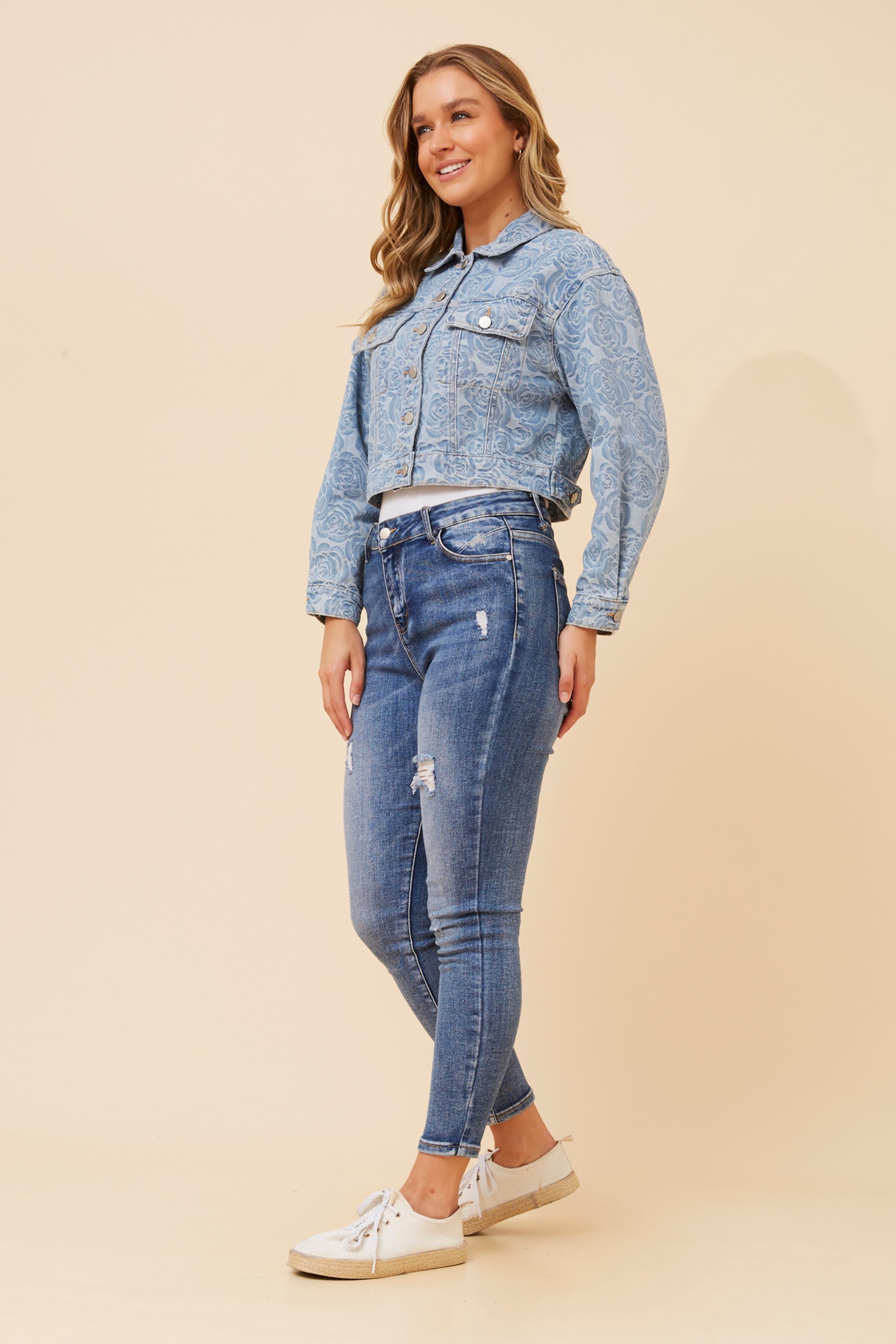 CALINDA DENIM FLORAL JACQUARD JACKET