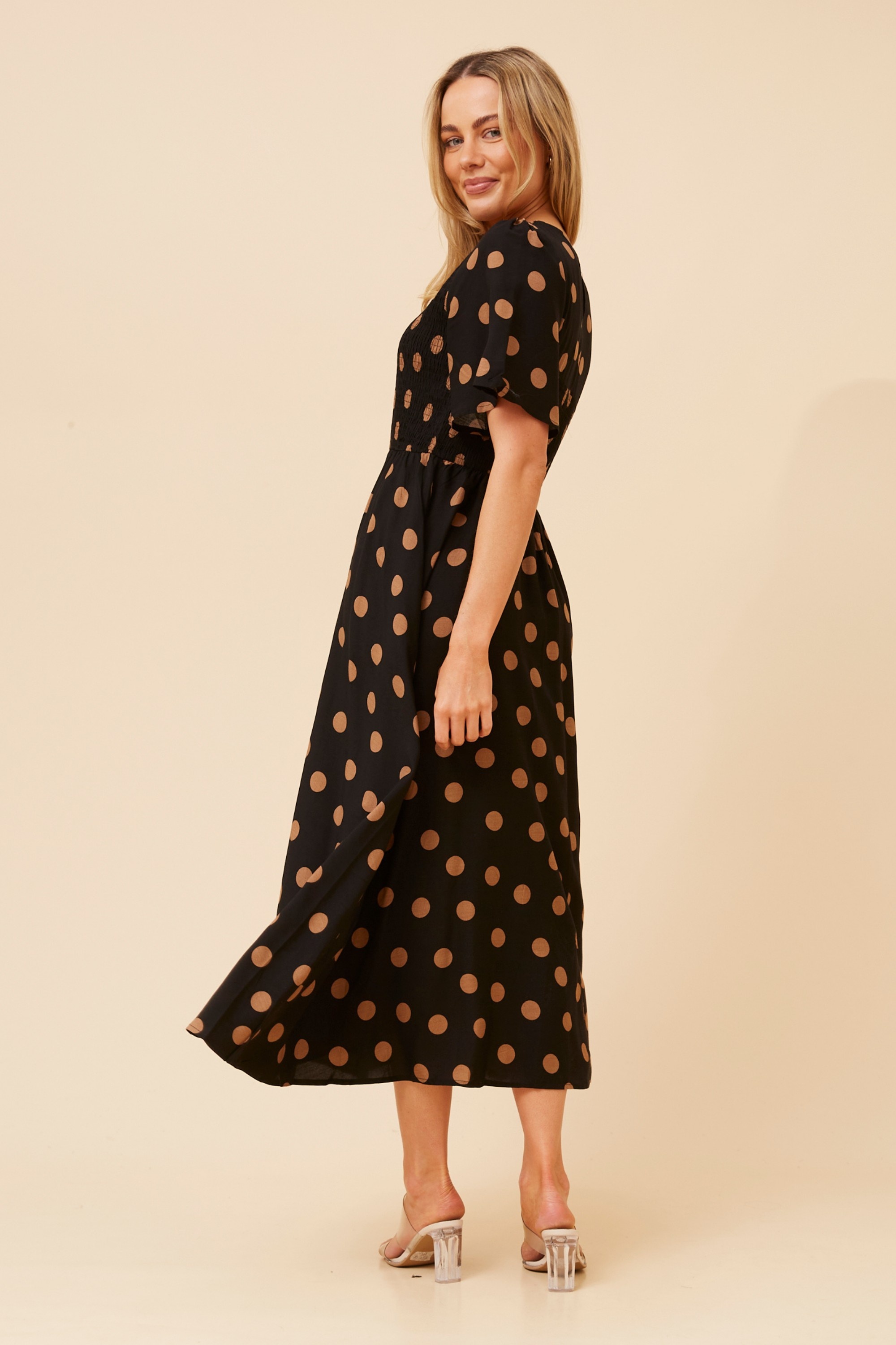 CAMBRIA POLKA DOT MIDI DRESS