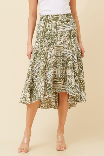 CHAZ AYSYMMETRICAL HEM MIDI SKIRT