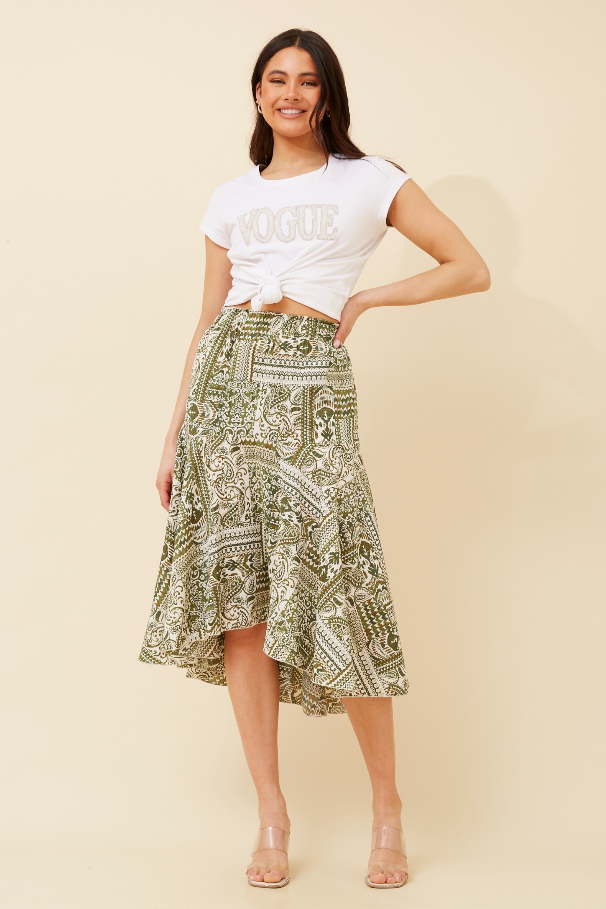 CHAZ AYSYMMETRICAL HEM MIDI SKIRT