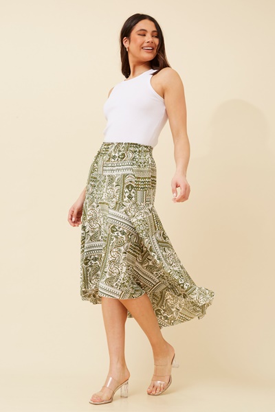 CHAZ AYSYMMETRICAL HEM MIDI SKIRT