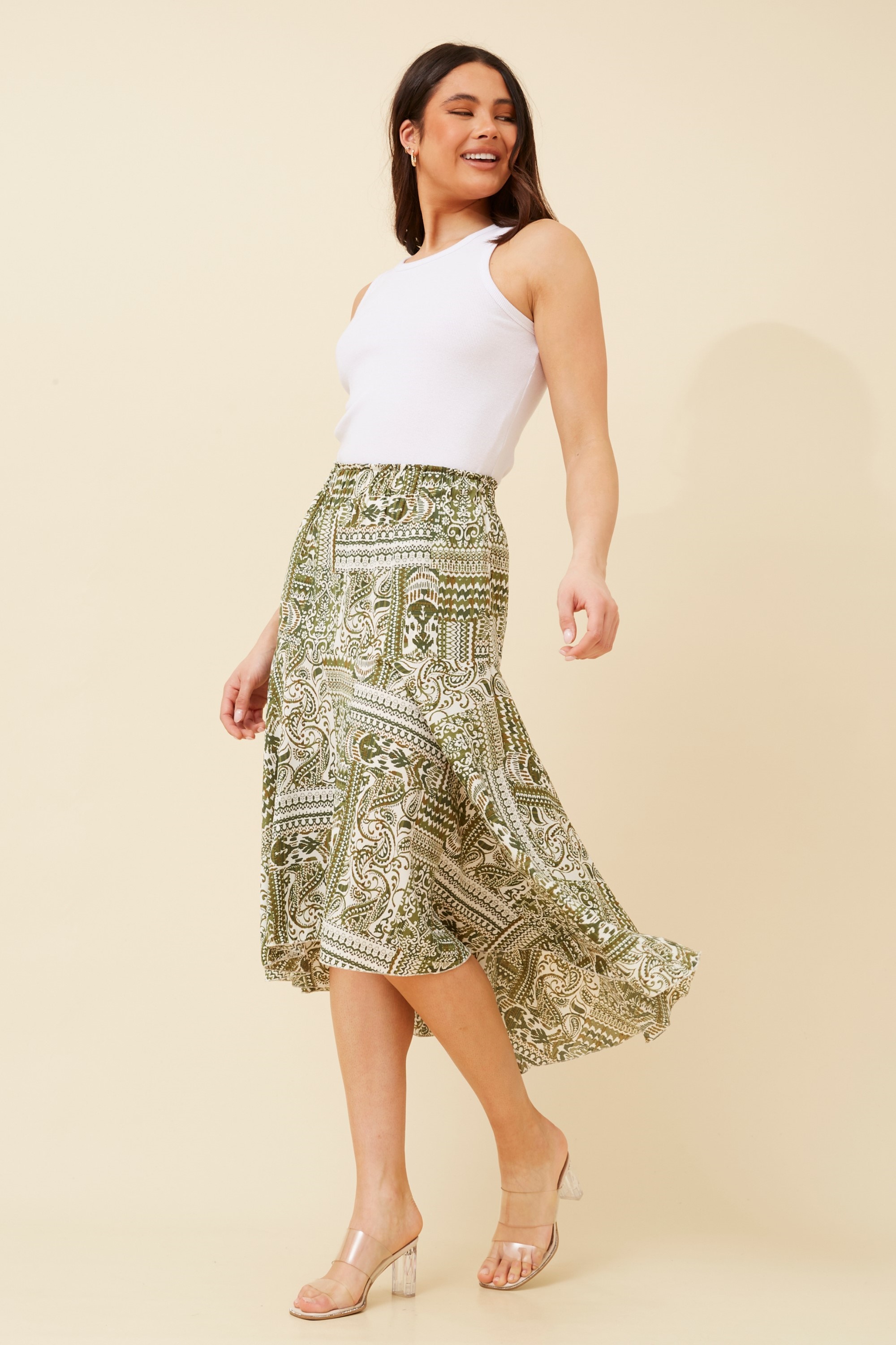 CHAZ AYSYMMETRICAL HEM MIDI SKIRT