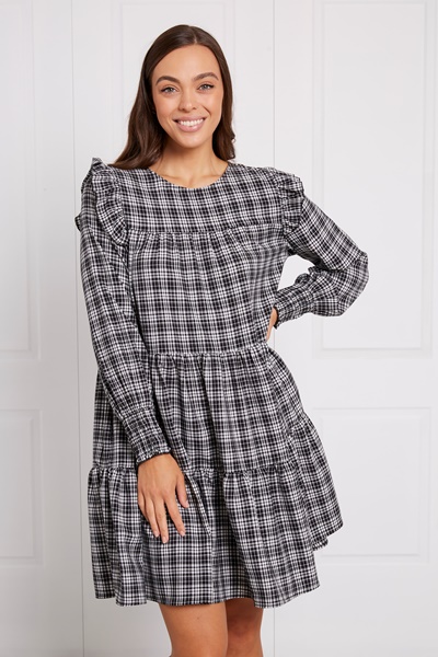 CHECK RUFFLE TIERED SHORT DRESS