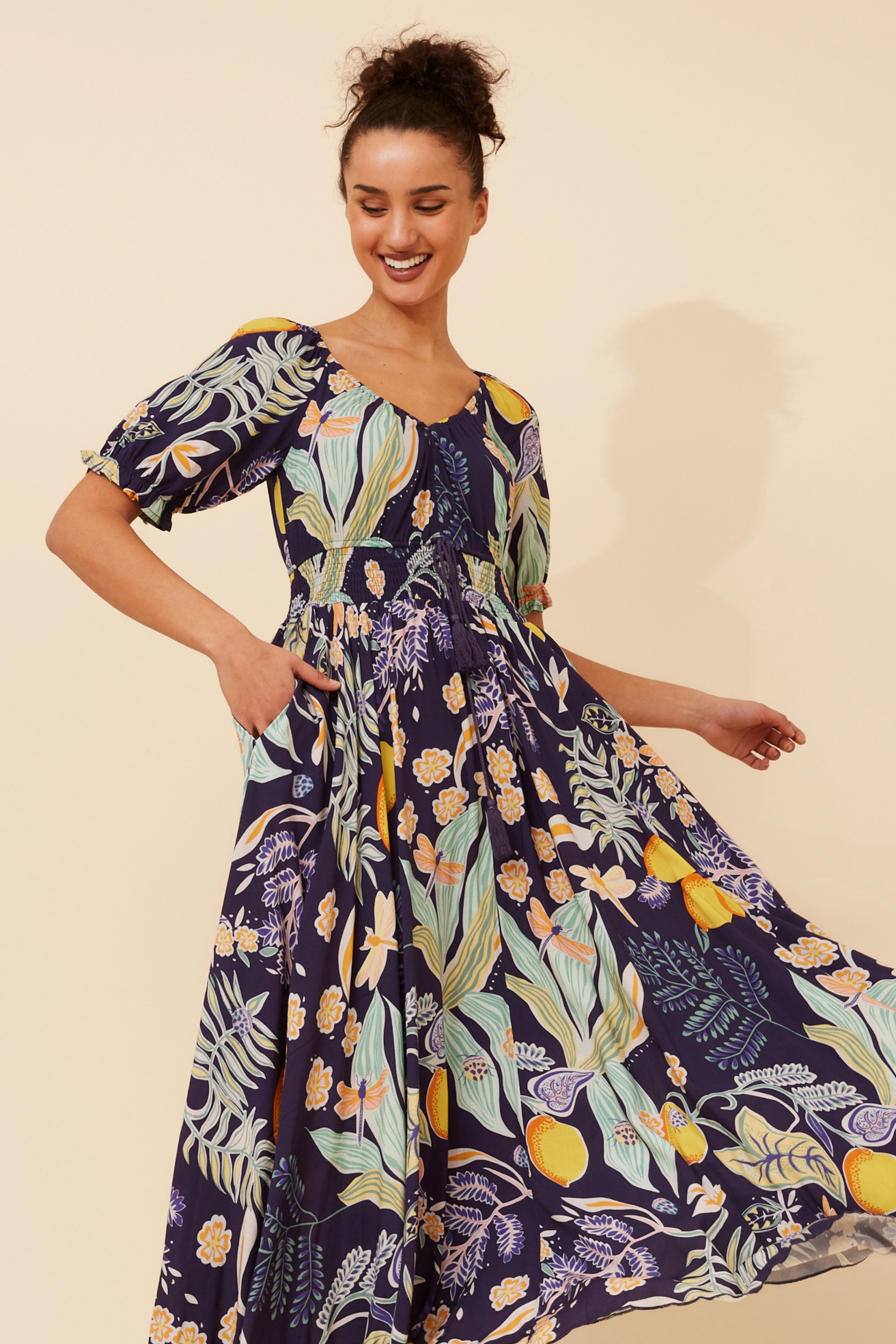 DAISY LEMON PRINT MAXI DRESS
