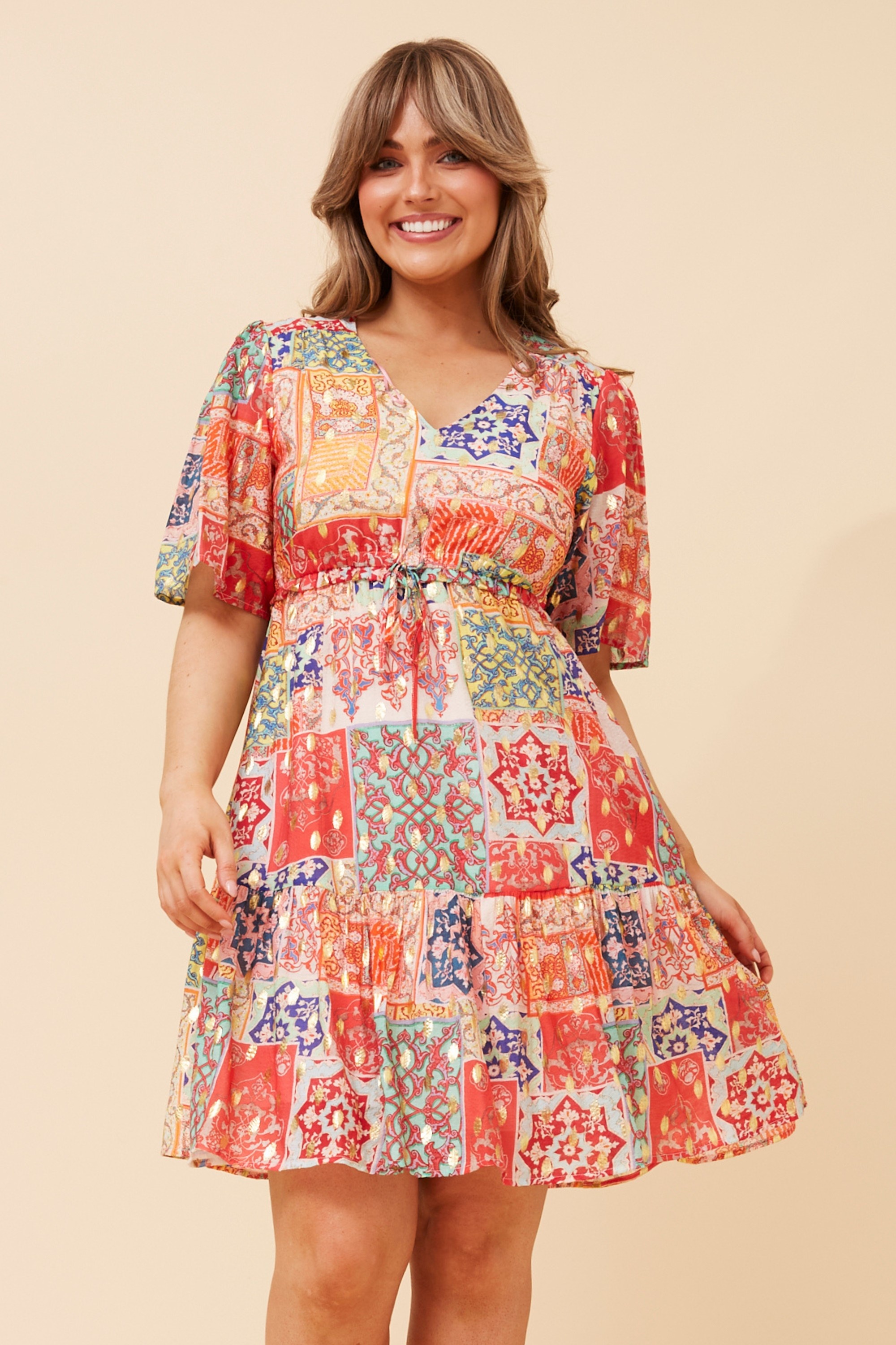 DIAMOND PATCHWORK PRINT DRESS