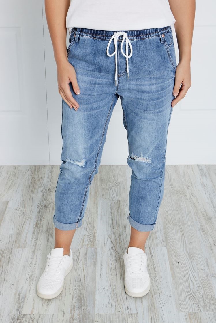 DISTRESSED DENIM JOGGER | FEMME Connection
