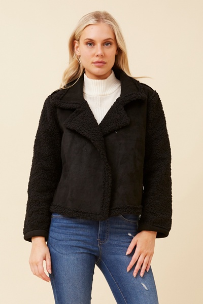 DOVEVA FAUX SUEDE SHERPA JACKET