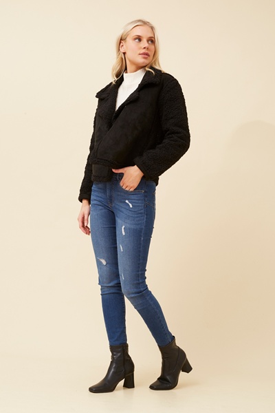 DOVEVA FAUX SUEDE SHERPA JACKET