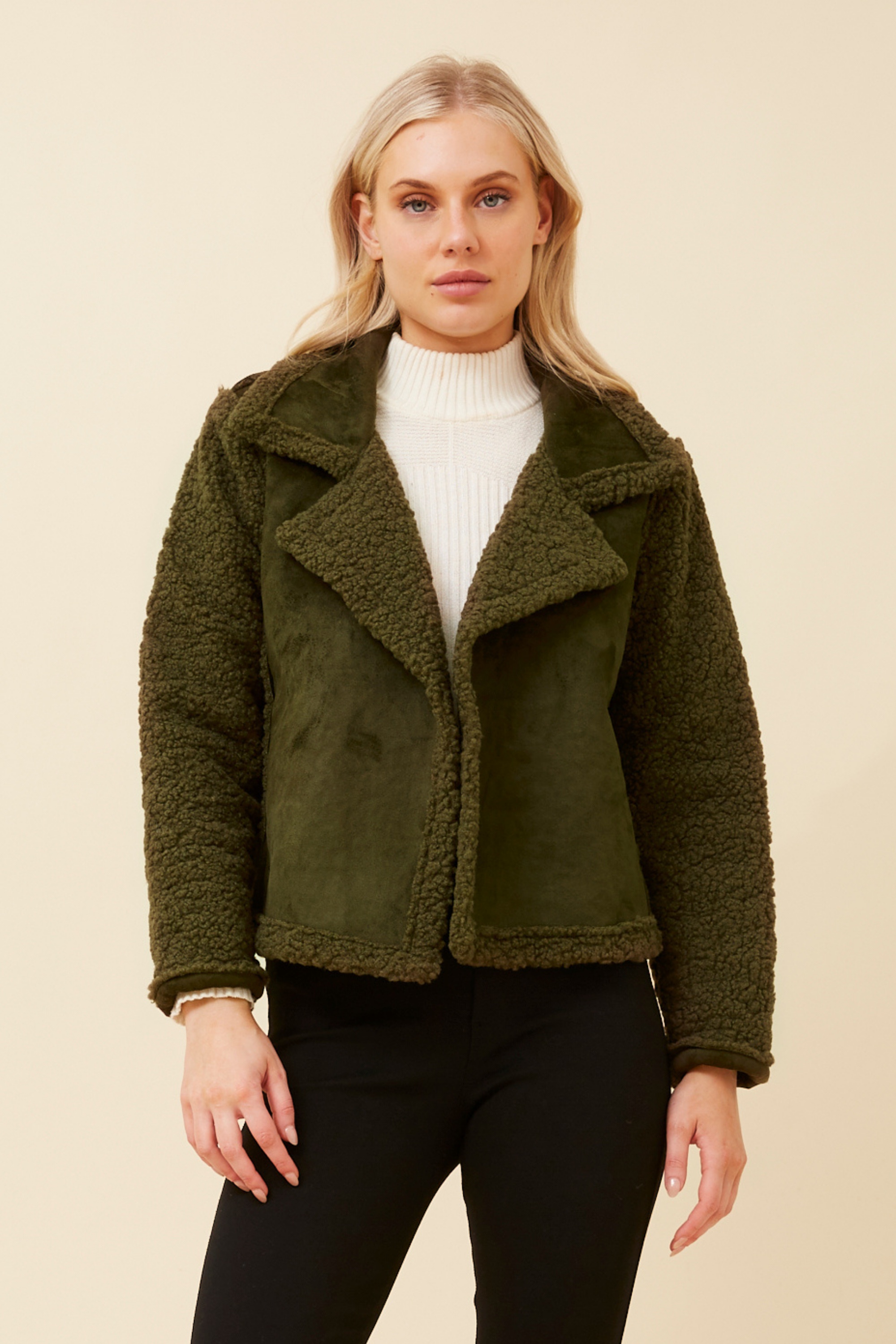 DOVEVA FAUX SUEDE SHERPA JACKET