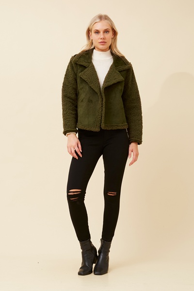 DOVEVA FAUX SUEDE SHERPA JACKET