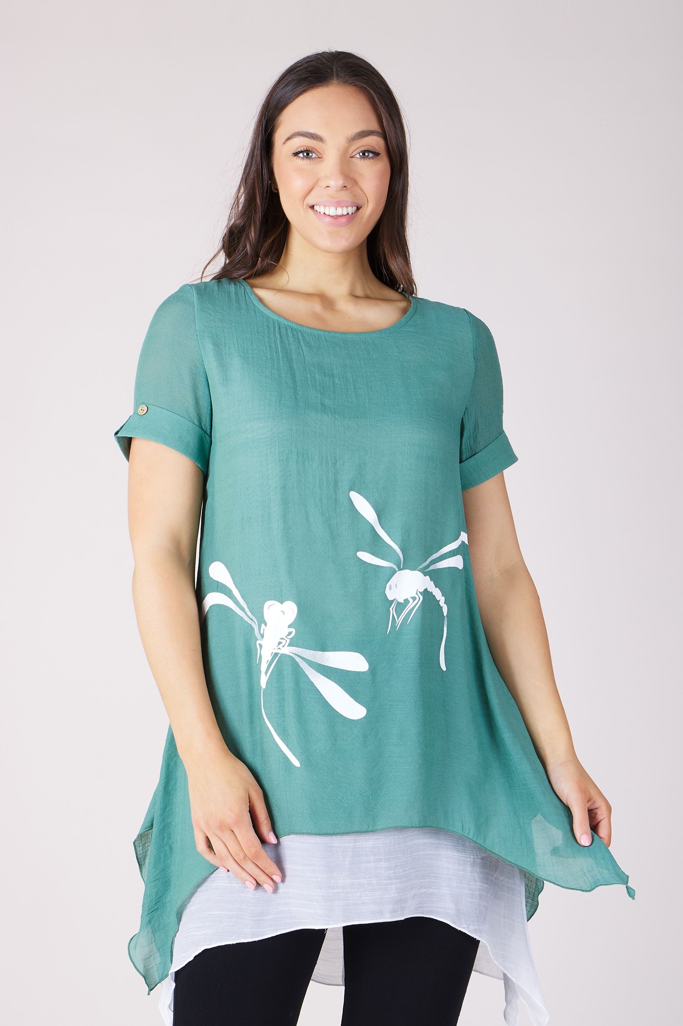 DRAGONFLY PRINT DOUBLE LAYERED TUNIC TOP