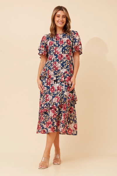 EDANA FOIL PRINT RUFFLE DRESS