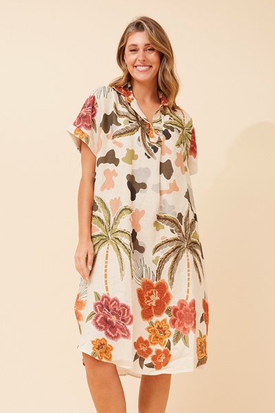 ELDA TROPICAL PRINT LINEN DRESS