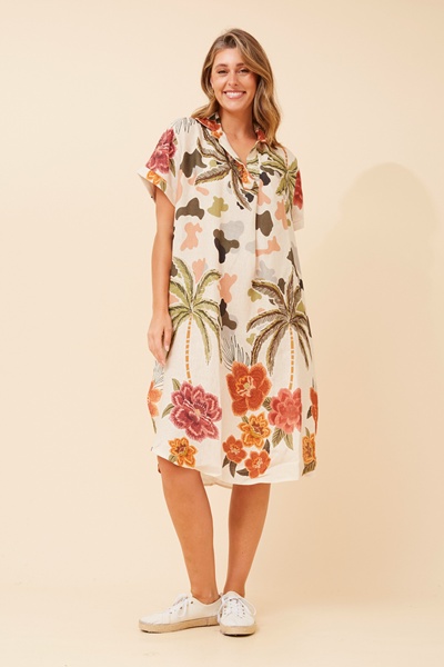 ELDA TROPICAL PRINT LINEN DRESS