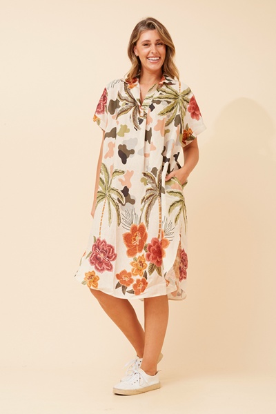 ELDA TROPICAL PRINT LINEN DRESS