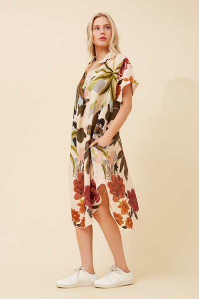 ELDA TROPICAL PRINT LINEN DRESS