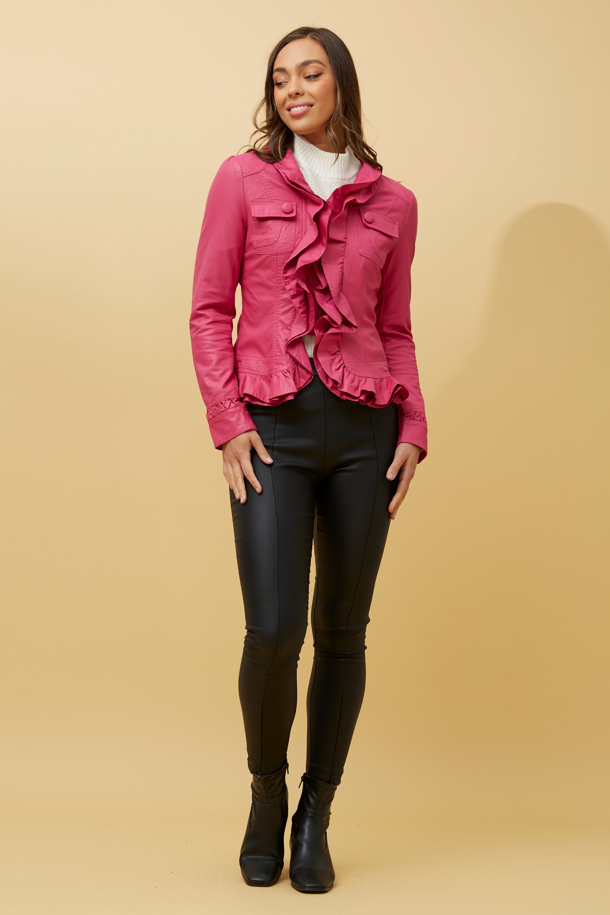 ELLEN FRILL VEGAN LEATHER JACKET