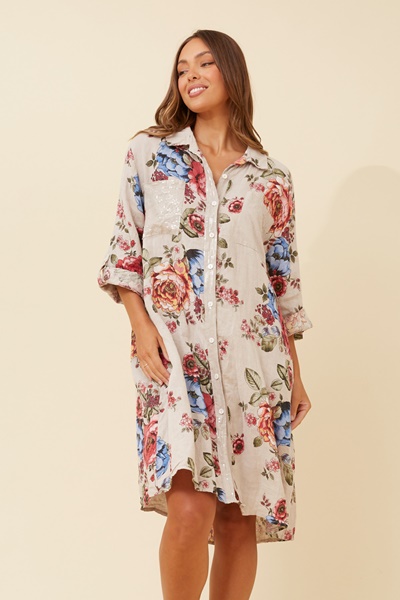 ELYSIA FLORAL LINEN SHIRT DRESS