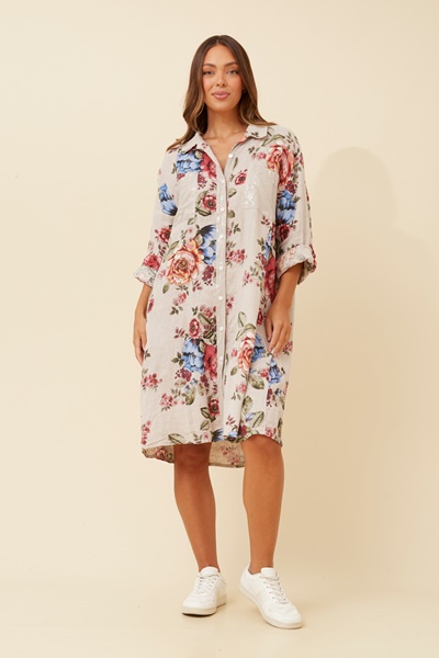 ELYSIA FLORAL LINEN SHIRT DRESS