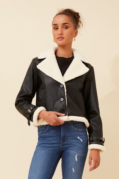 EMBERLY VEGAN LEATHER SHERPA JACKET