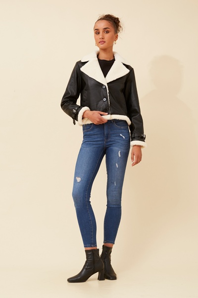 EMBERLY VEGAN LEATHER SHERPA JACKET