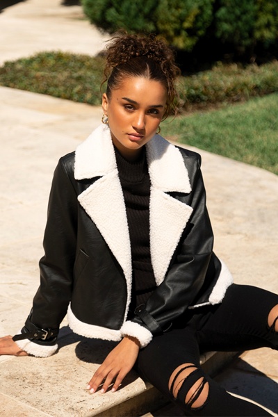 EMBERLY VEGAN LEATHER SHERPA JACKET