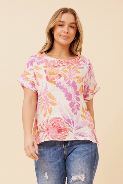 EMILIANA LEAF PRINT LINEN TOP