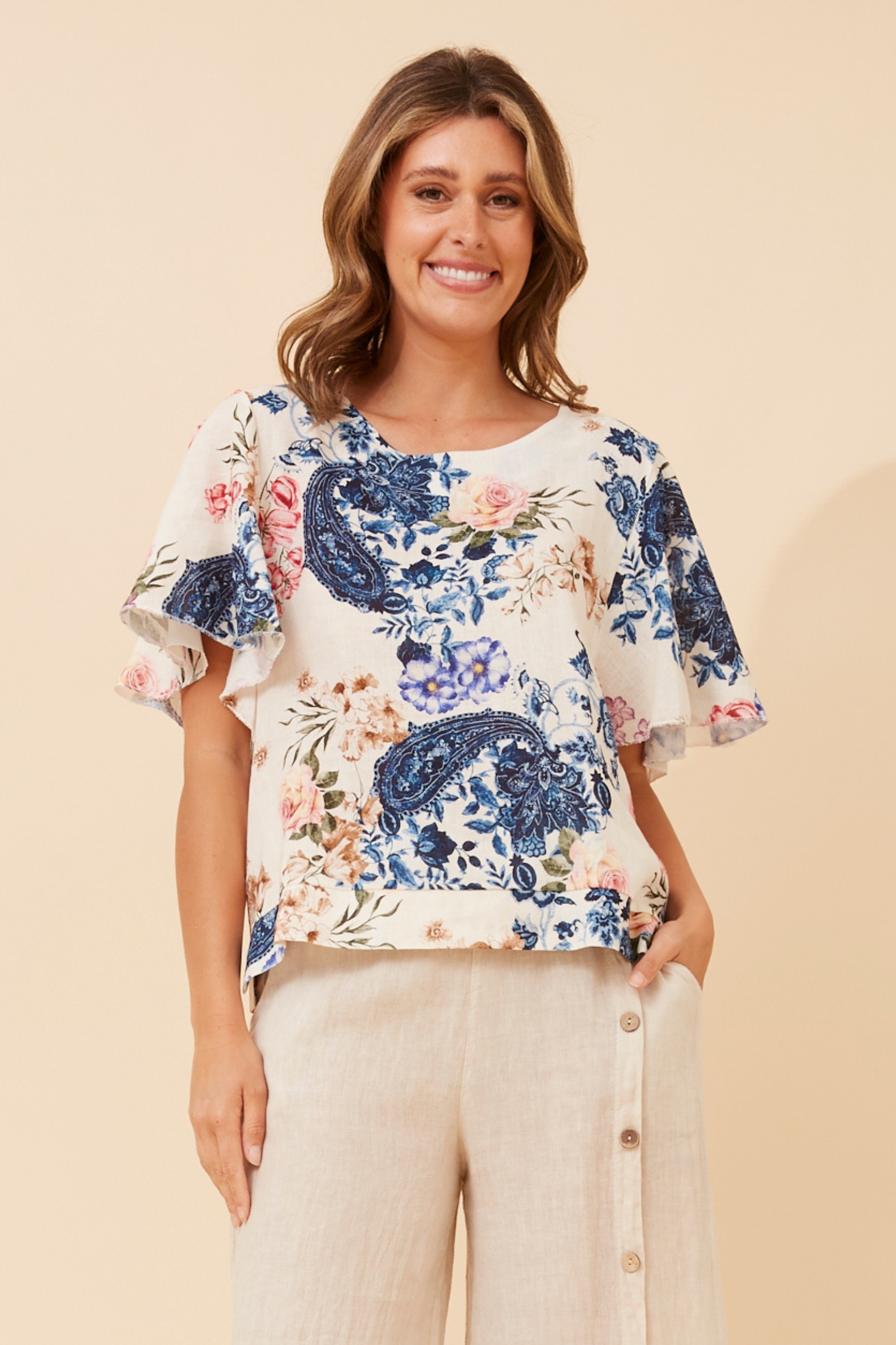 ENZIA FLORAL LINEN TOP
