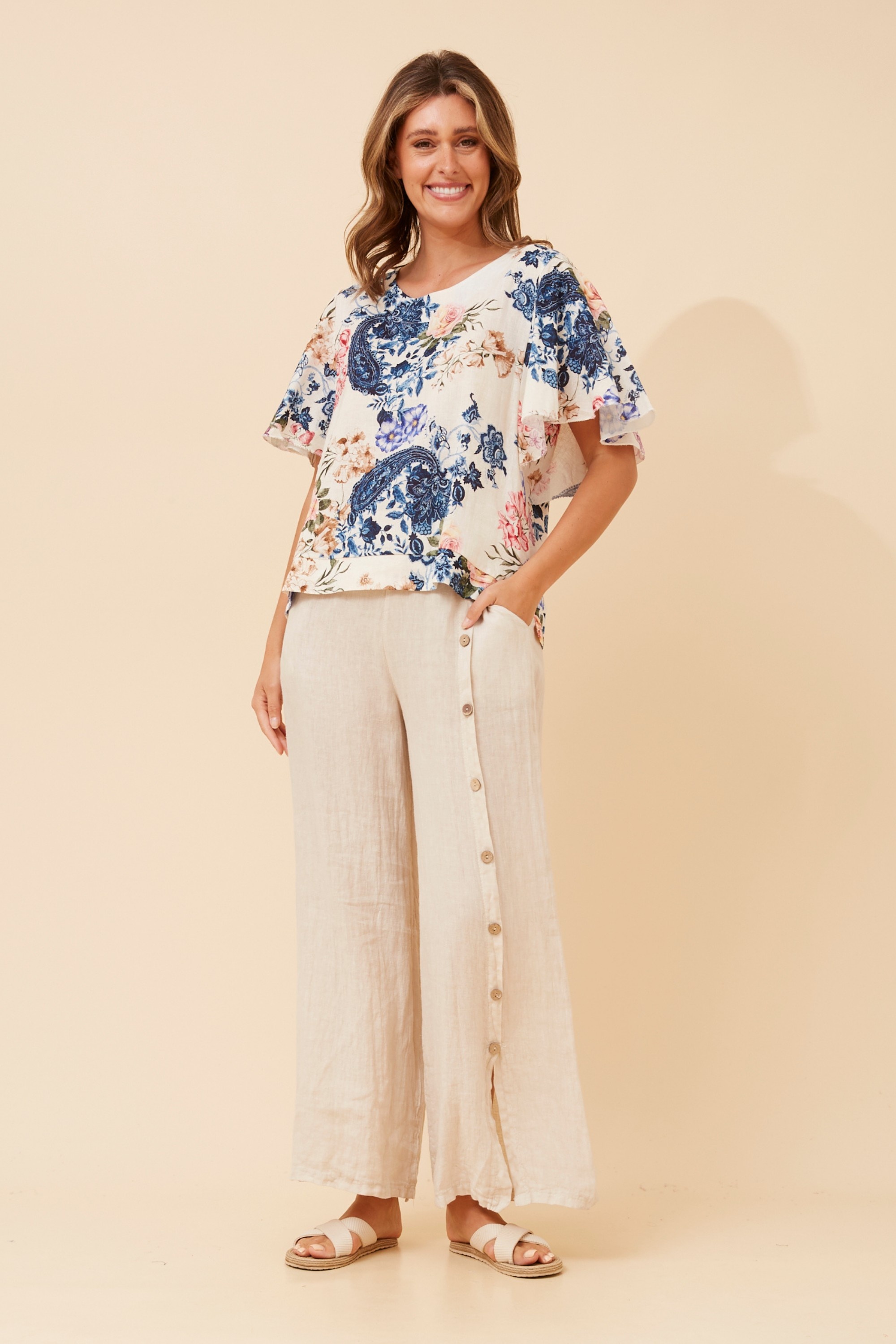 ENZIA FLORAL LINEN TOP