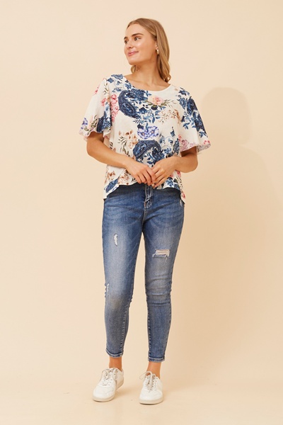 ENZIA FLORAL LINEN TOP