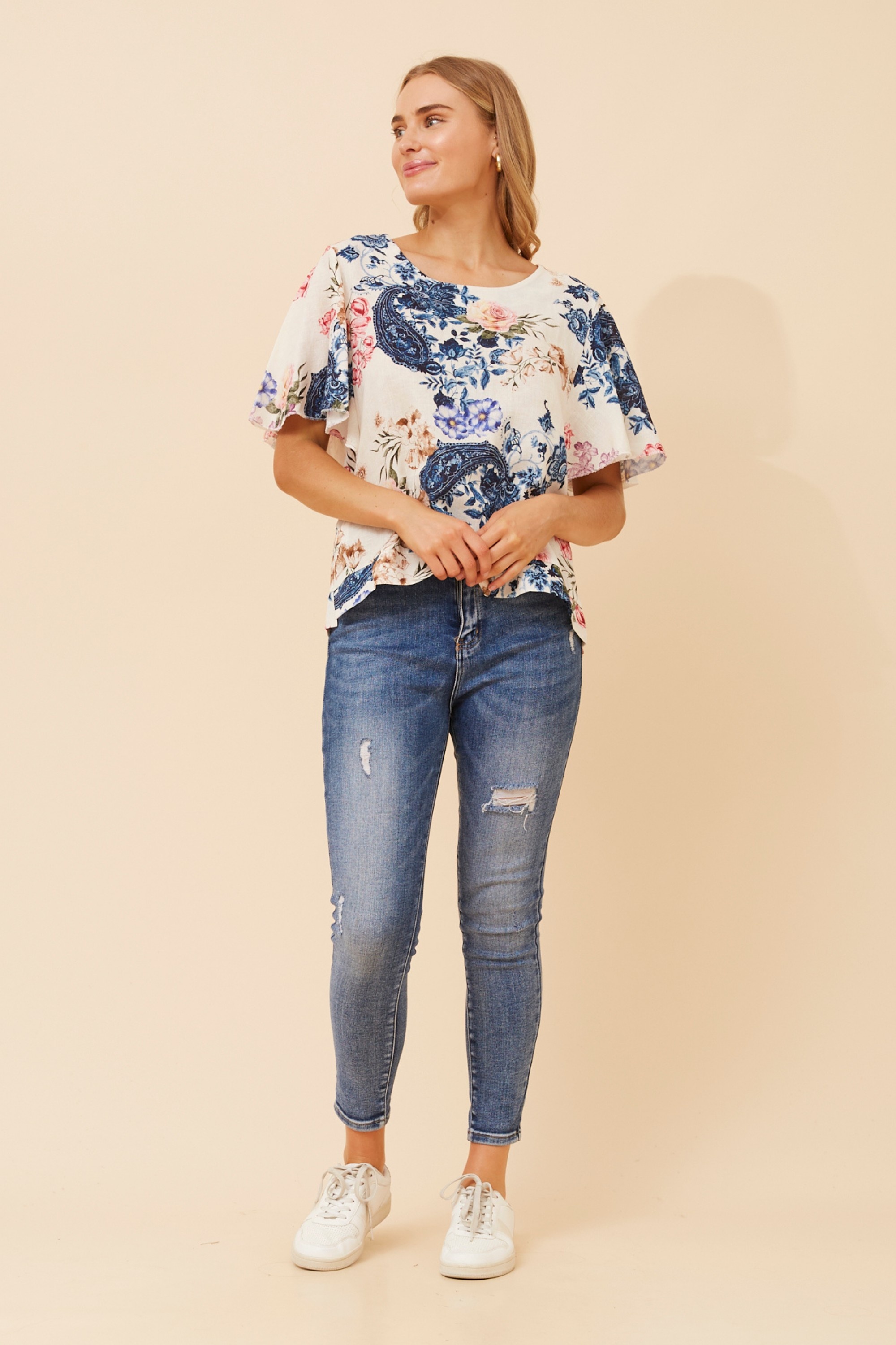 ENZIA FLORAL LINEN TOP
