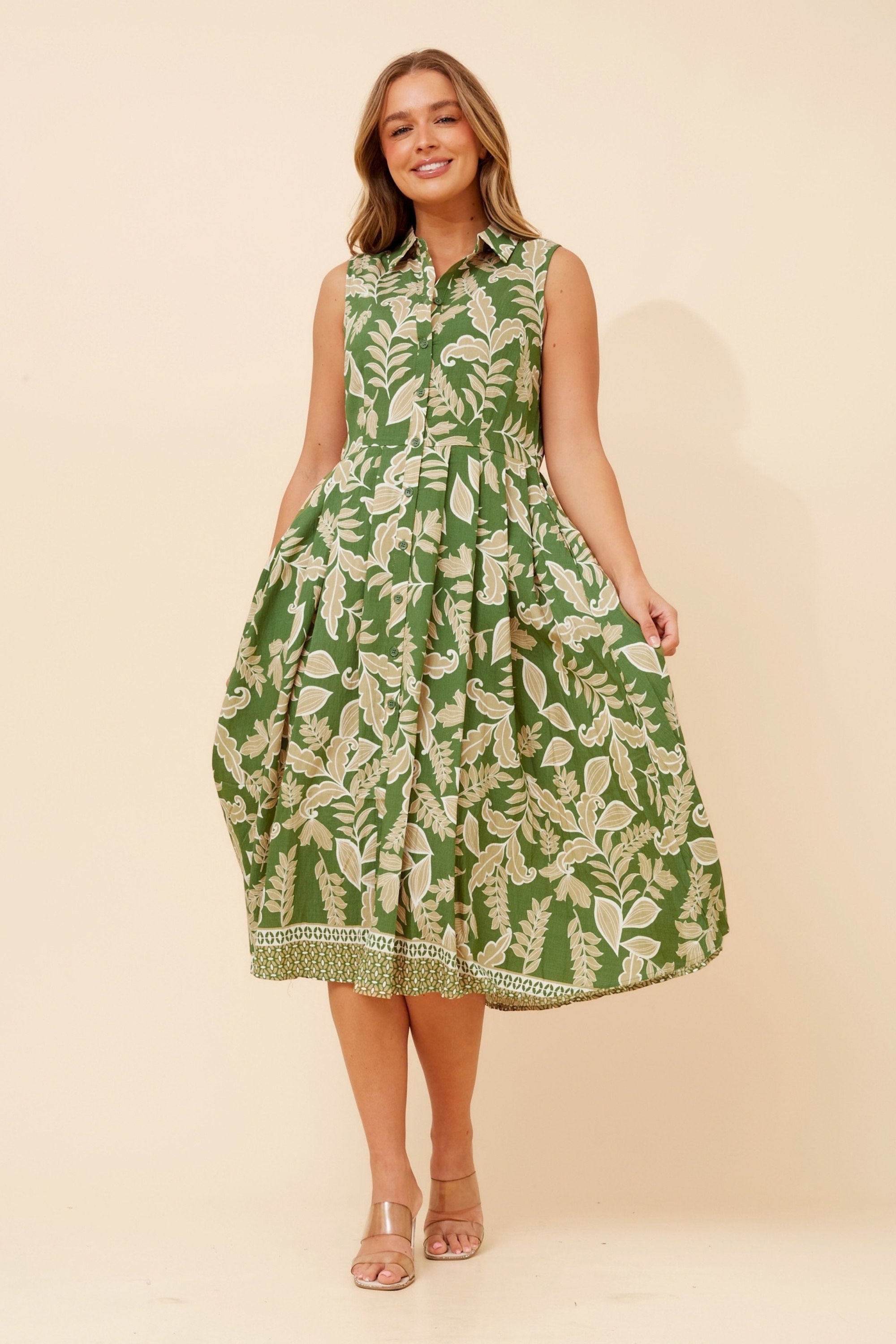 ENZINA LEAF PRINT SHIRT DRESS