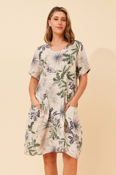 EUDORA LEAF PRINT LINEN DRESS