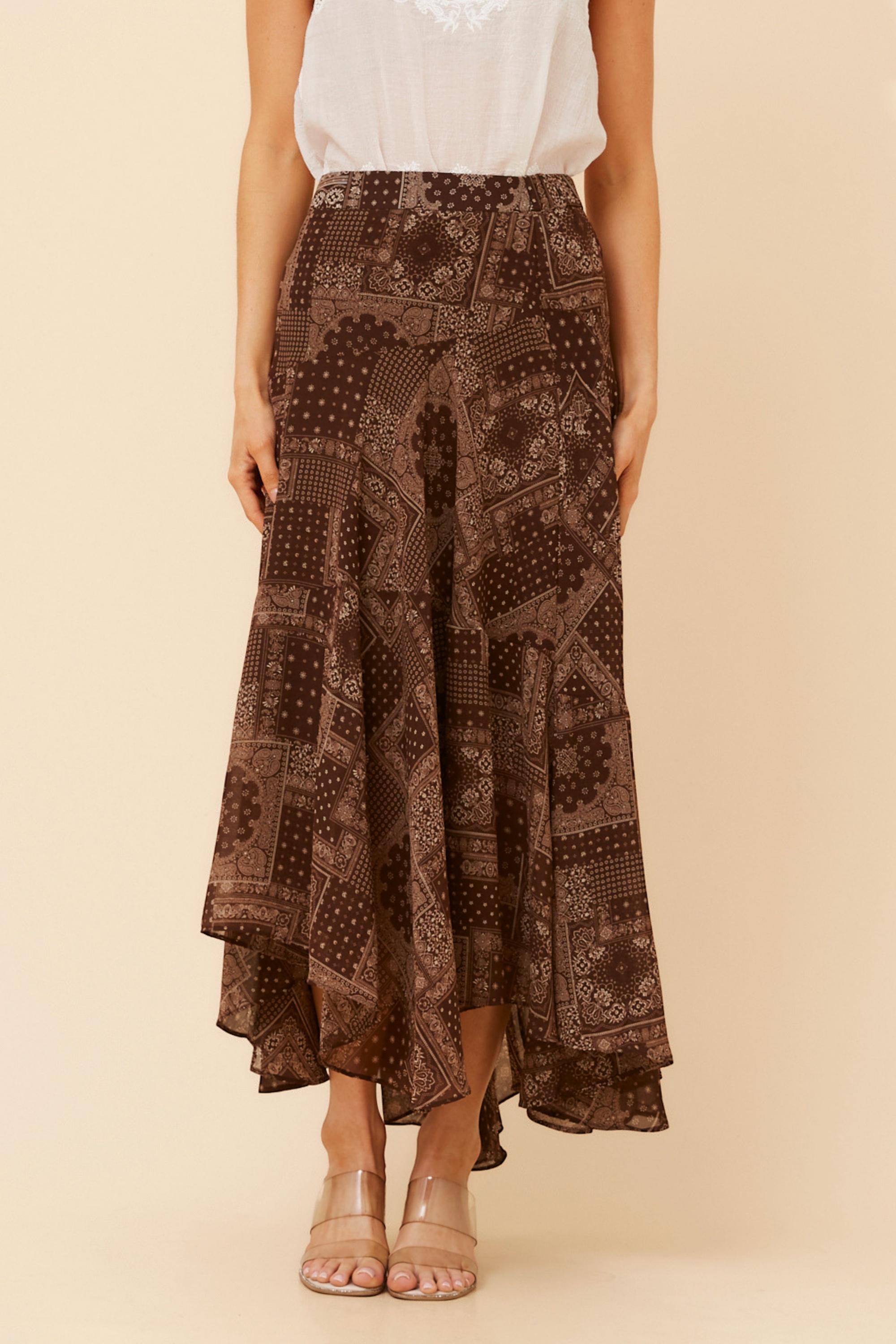 EUGENIA PATCHWORK PRINT MIDI SKIRT