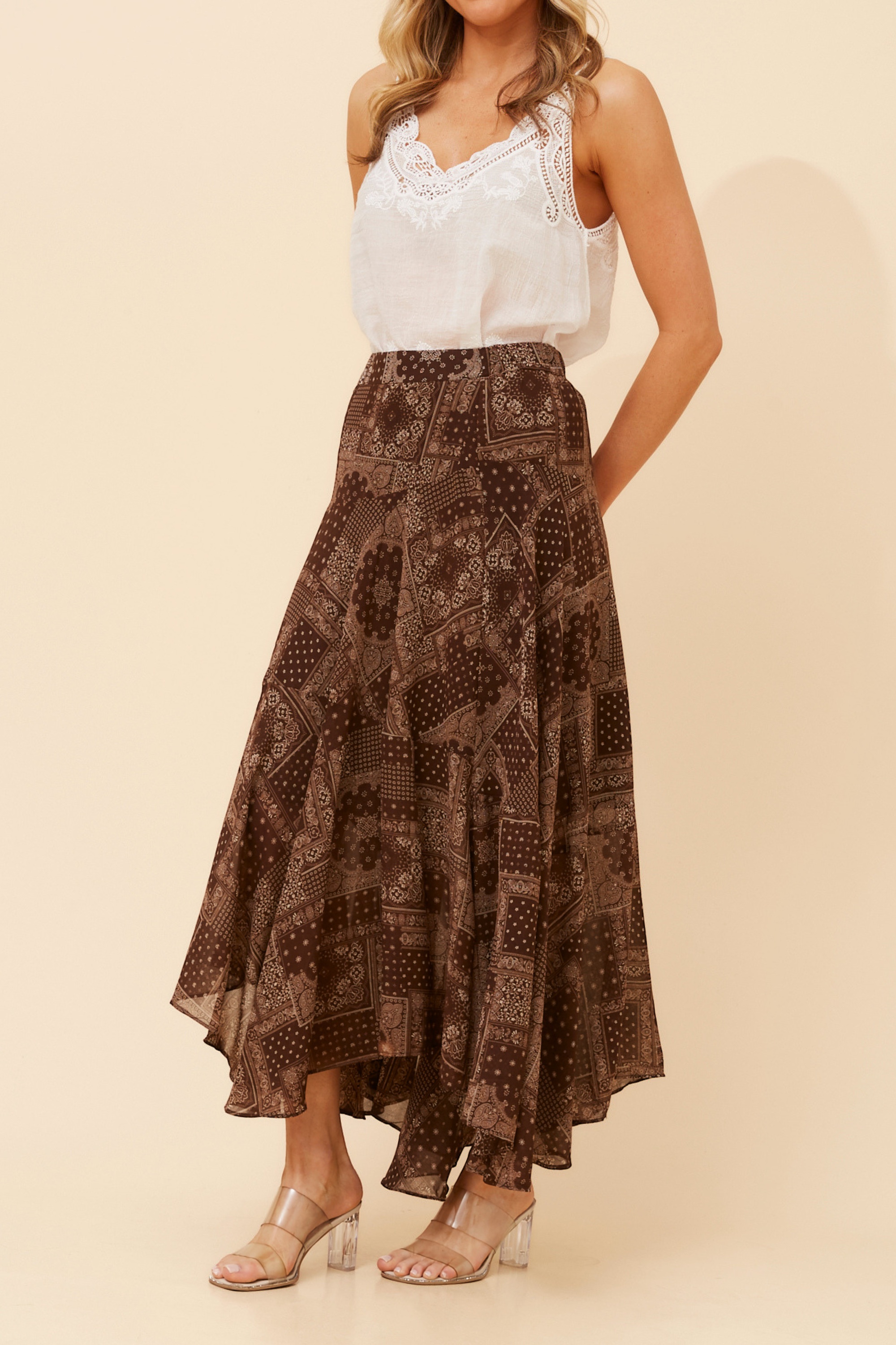 EUGENIA PATCHWORK PRINT MIDI SKIRT