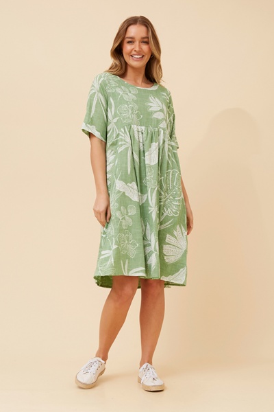 EUGENIE LEAF PRINT MIDI DRESS
