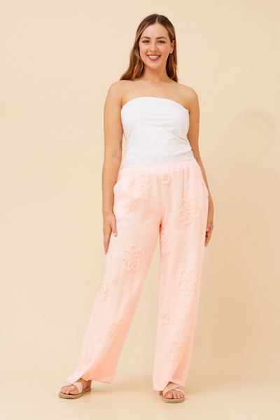 FALLAN FLORAL EMBROIDERY LINEN PANTS