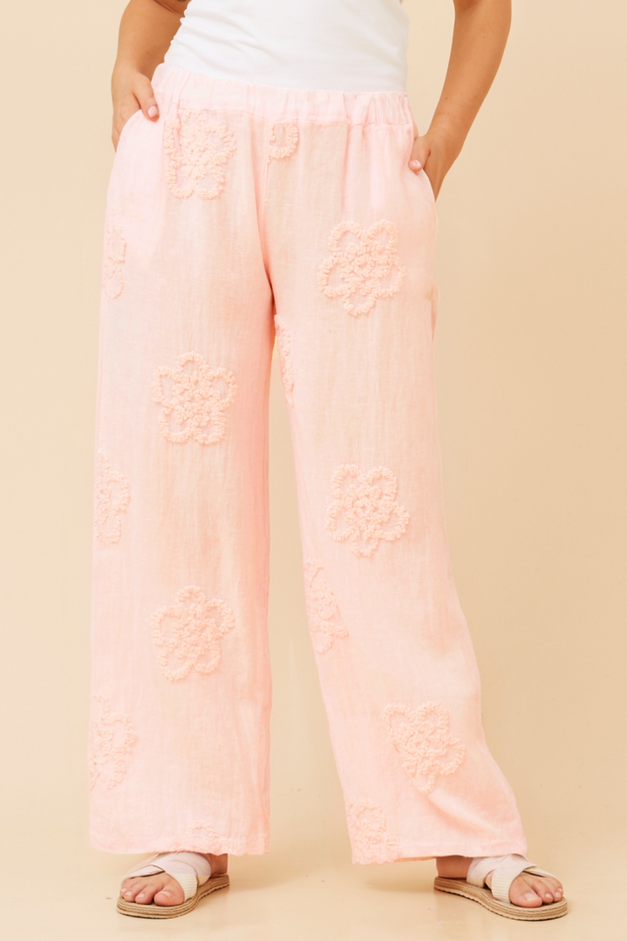 FALLAN FLORAL EMBROIDERY LINEN PANTS