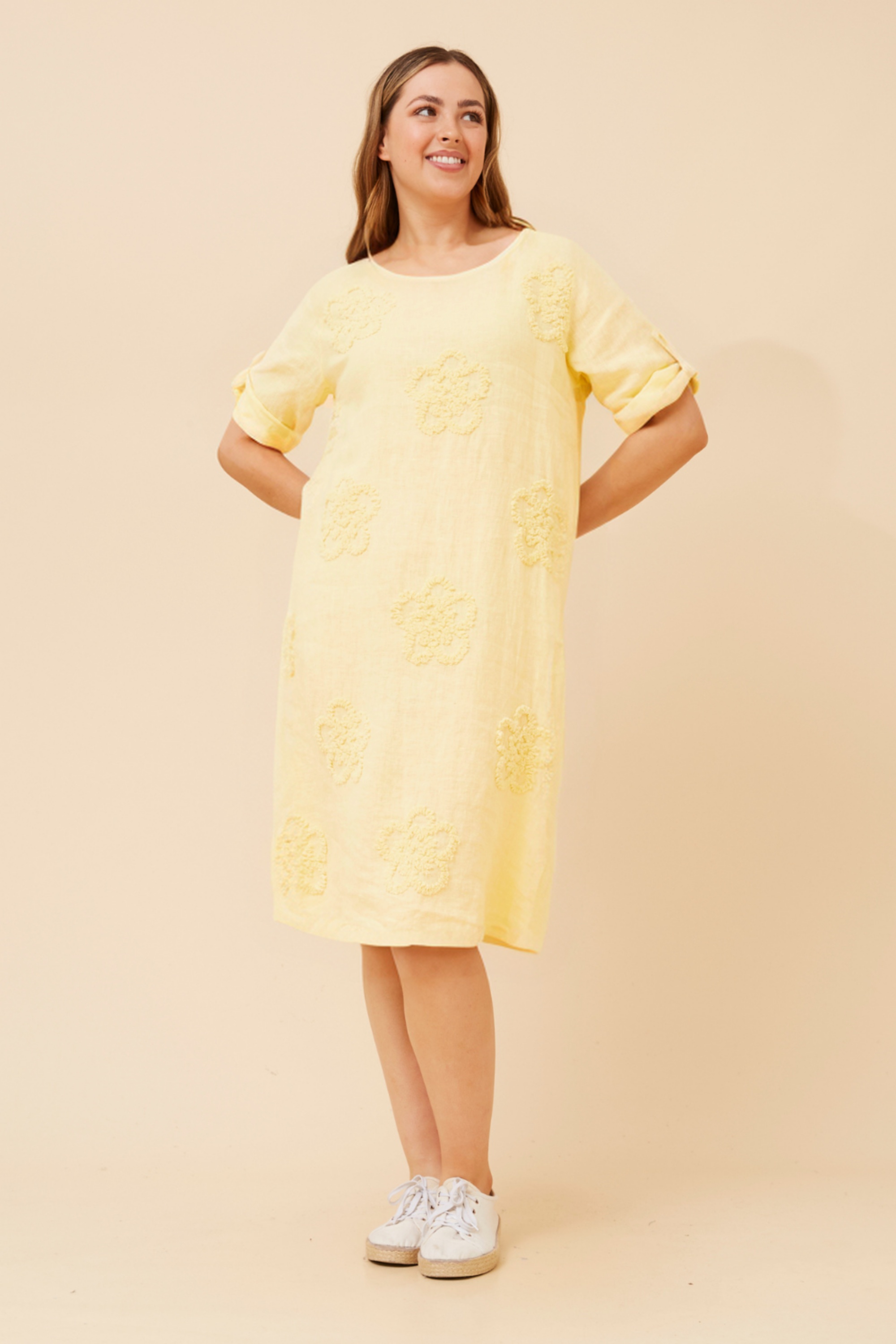 FIORETTA FLORAL EMBROIDERY LINEN DRESS
