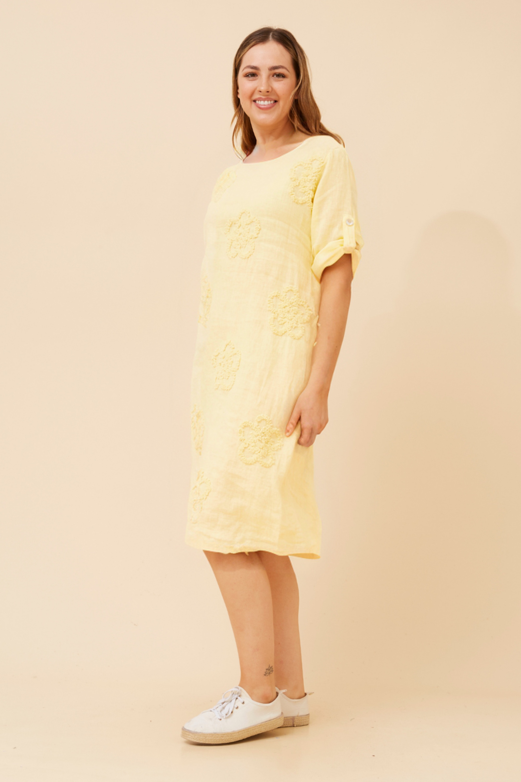 FIORETTA FLORAL EMBROIDERY LINEN DRESS