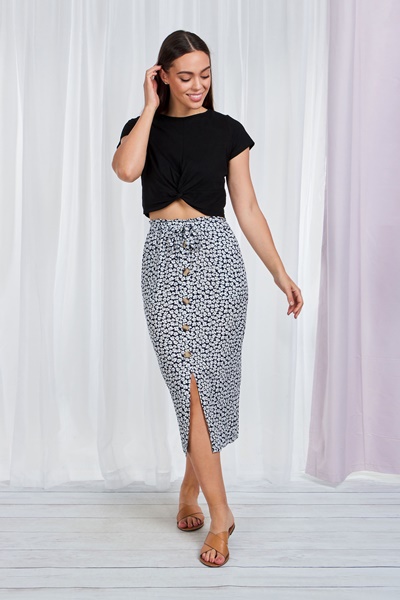 FLORAL BUTTON THROUGH MIDI SKIRT