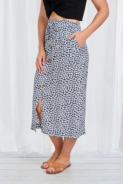 FLORAL BUTTON THROUGH MIDI SKIRT