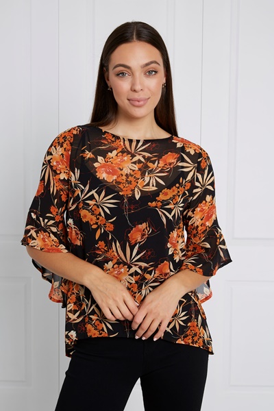 FLORAL FLUTE SLEEVE BLOUSE