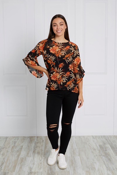 FLORAL FLUTE SLEEVE BLOUSE