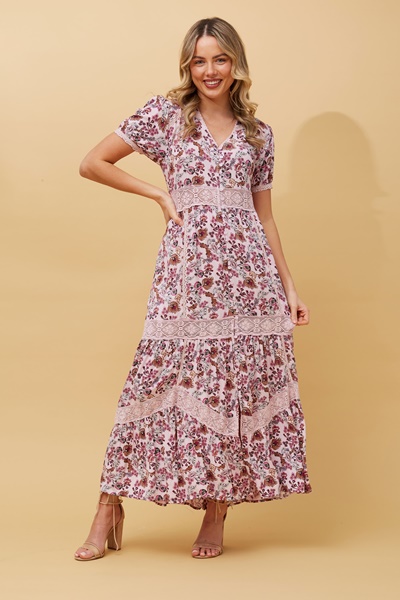 Floral Max Dress with Lace Trim