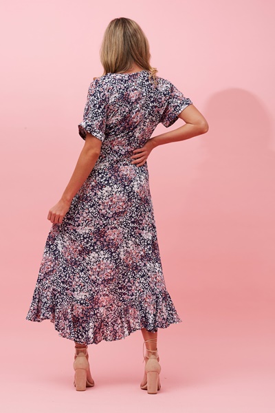 pink floral wrap midi dress