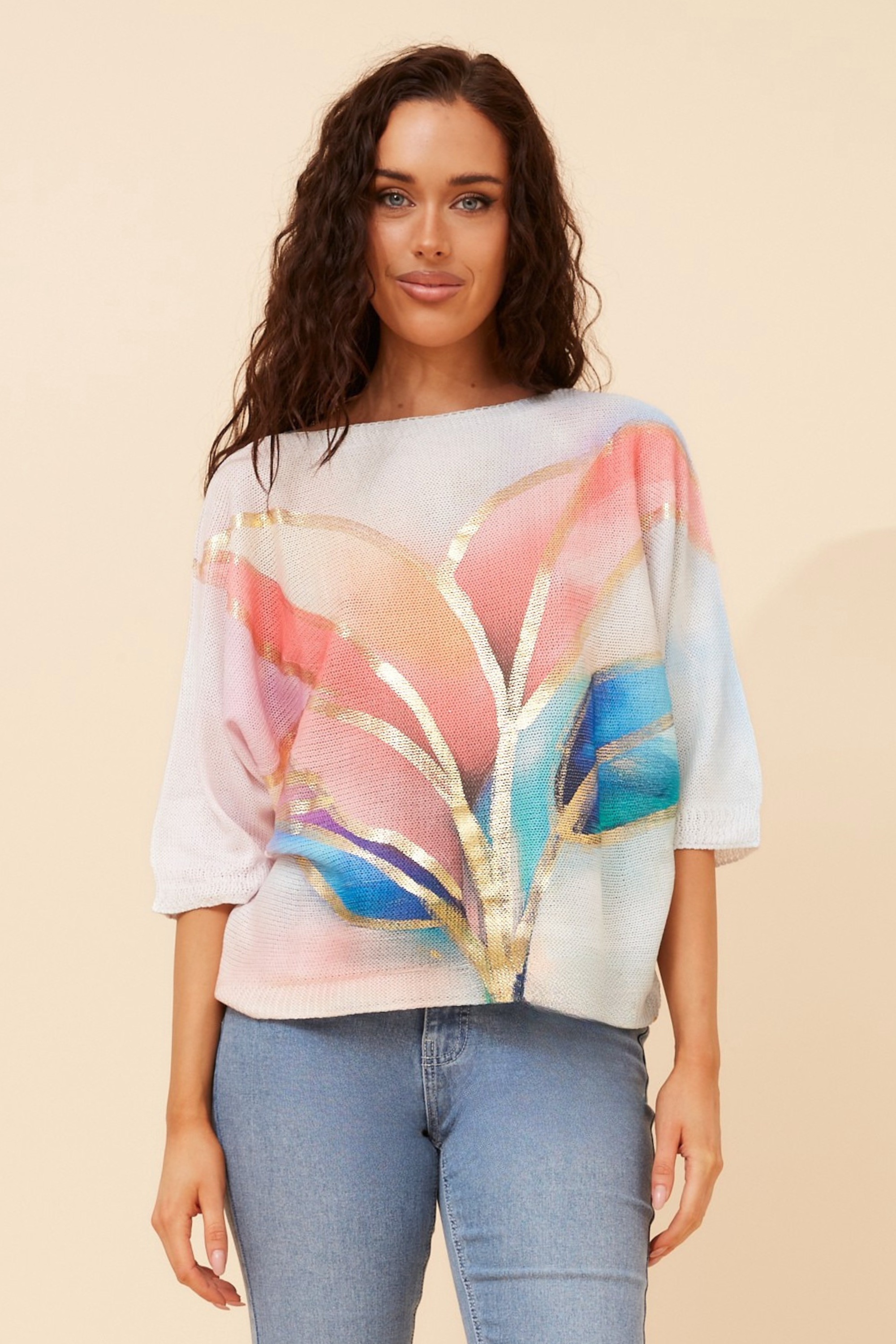 FLORELLA LEAF PRINT KNIT PULLOVER