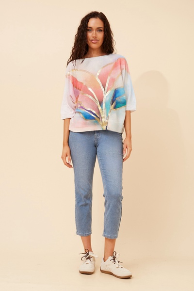 FLORELLA LEAF PRINT KNIT PULLOVER