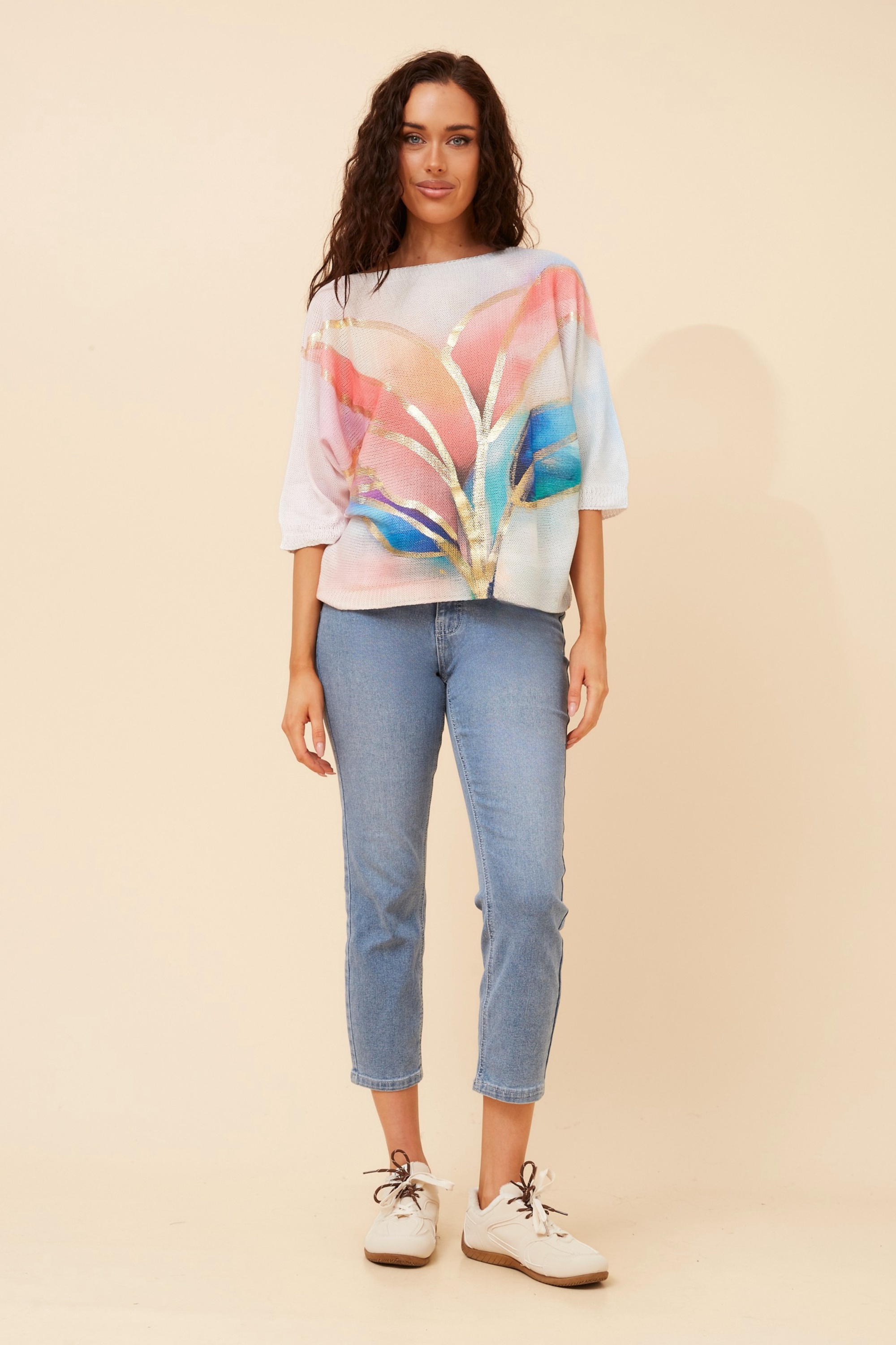FLORELLA LEAF PRINT KNIT PULLOVER